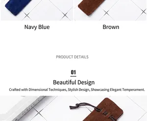 Detail view of velvet drawstring pen pouch in navy blue and brown colors