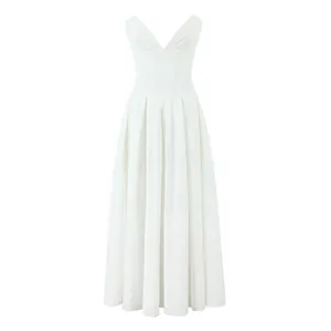 Elegant white V-neck pleated A-line midi dress with corset-style waist for summer