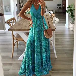 Full-length view of a Bohemian V-neck maxi dress with ethnic blue and green prints