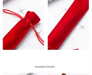 Close-up detail showing the texture of a red thickened velvet drawstring pen pouch