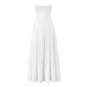 Back view of white strapless A-line maxi dress with corset bodice and pleated skirt