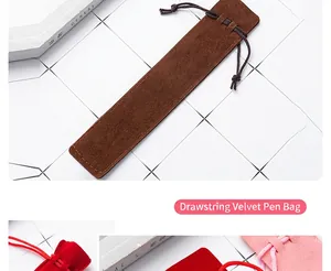Close-up detail of a soft brown velvet drawstring pouch designed for luxury gift pens