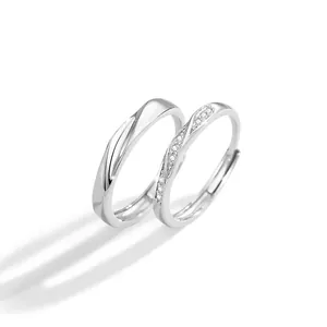 Elegant Mobius sterling silver couple rings with twisted design and zircon stone accents