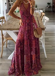 Full-length view of bohemian V-neck printed maxi dress with tiered skirt design