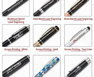Customized logo printing options for metal pens showcasing engraving and silk screening