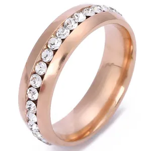 Elegant rose gold stainless steel ring with micro-pave white crystals for women