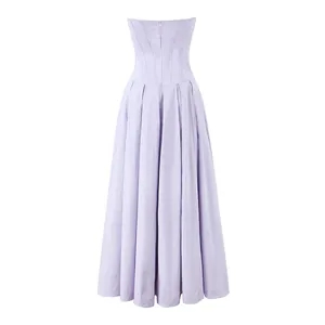 Detailed back view of a lavender strapless pleated A-line maxi dress with zipper