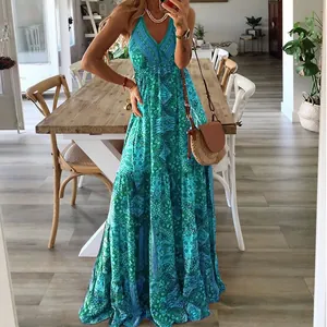 Elegant Bohemian v-neck printed maxi dress featuring a high waist and spaghetti straps
