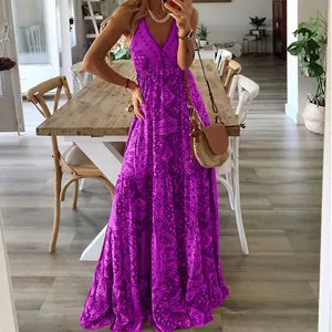 Bohemian high waist V-neck floral maxi dress with purple ethnic print patterns design