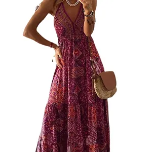 Bohemian V-neck halter maxi dress with vintage ethnic floral print and high waist design.