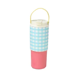 30oz stainless steel thermal tumbler with checkered pattern and portable handle