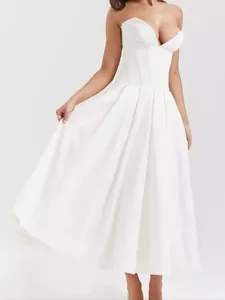 Elegant white strapless corset waist pleated A-line midi dress for 2024 summer party