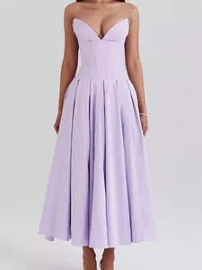 Elegant lavender strapless midi dress with sweetheart neckline and pleated A-line skirt