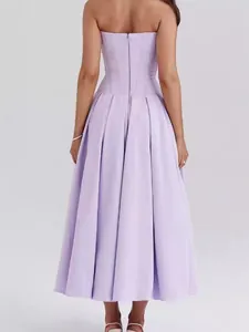 Elegant lilac strapless A-line maxi dress featuring a pleated skirt and corset style bodice