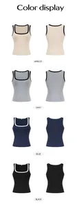 Detailansicht von gerippten Damen-Tanktops in vier Farben mit Kontrasteinfassung