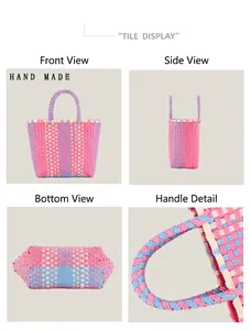 Multiple detail views of a handwoven plastic tote bag with pink and blue contrast colors