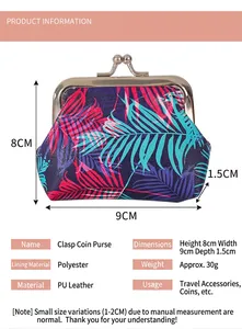 Detailed view of tropical palm leaf print coin purse with kiss lock clasp and dimensions