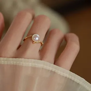 Elegant French style bamboo joint ring with white pearl, adjustable open band detail