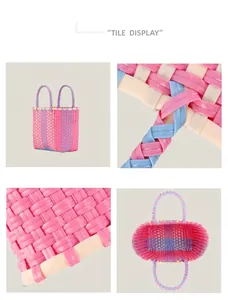 Detailed views of a handwoven pink and blue plastic tote bag showing texture and interior.