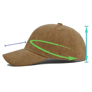 Comprehensive size guide for the suede baseball cap showing visor and depth measurements.