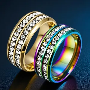 Elegant Titanium Steel Double Row Rhinestone Ring For Women Ins Style Gold Rose Gold Roman Numerals Square Stone Fashion Rings