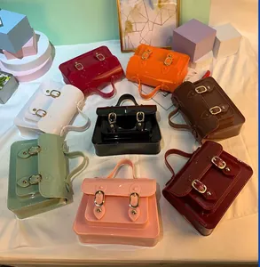 Detailed view of colorful jelly Cambridge satchel bags available in eight vibrant summer shades