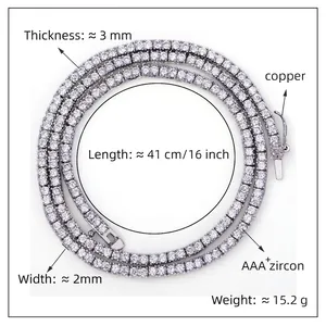 Detail of 2mm copper tennis necklace with AAA+ zircon stones and size specifications
