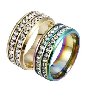 Titanium steel ring with double rows of sparkling crystals in gold and rainbow colors
