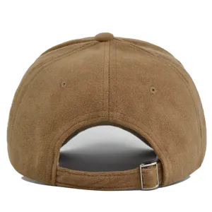 Back view of a minimalist brown suede baseball cap with an adjustable metal buckle