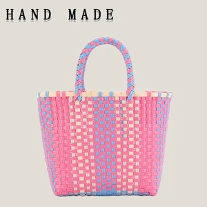 Handmade PVC Woven Handbag For Women Colorful Contrast Plaid Small Square Picnic Basket Portable Sweet Style Mini Tote Bag