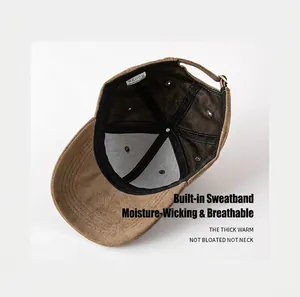 Detail view of brown suede baseball cap featuring built-in moisture-wicking sweatband