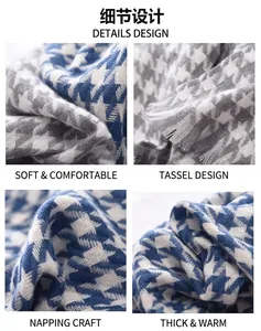 Detailed macro shots of blue houndstooth scarf showing soft brushed fabric and fringes