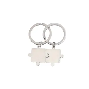 Minimalist interlocking stainless steel puzzle piece keychains for couples' gift set