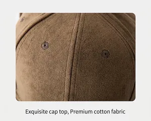 Close-up macro view showing the soft suede texture and eyelets of the brown baseball cap.