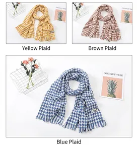 Warm houndstooth plaid scarves shown in yellow, brown, and blue color variants