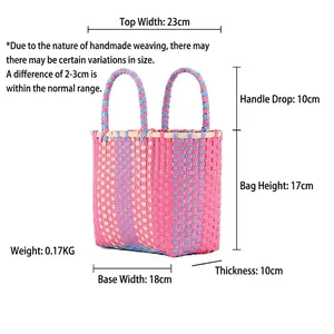 Colorful handmade woven plastic picnic bag with pink and blue contrast patterns
