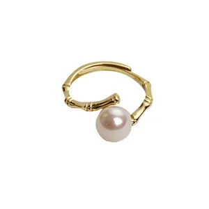French style 925 silver plated pearl bamboo joint open adjustable ring for women