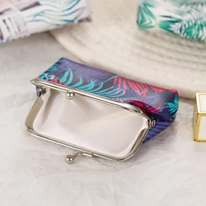 Vintage style tropical palm leaf print coin purse with silver metal clasp closure