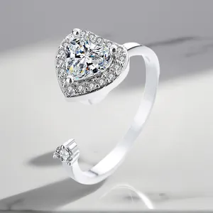 Elegant silver-plated adjustable open ring featuring a sparkling heart-shaped zircon centerpiece