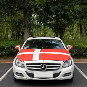 Front view of white car decorated with red and white Denmark flag hood cover and mirror socks