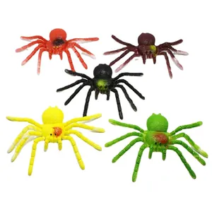 Set of five realistic colorful soft rubber spider prank toys for Halloween party decor