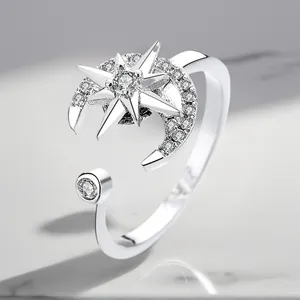 Dainty silver-plated rotating star and moon ring with sparkling cubic zirconia stones