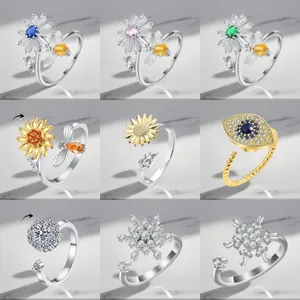 Adjustable Copper Rotating Ring For Women Luxury Zirconia Spinning Anxiety Relief Ring Bee Star Moon Heart Flower Fashion Jewelry