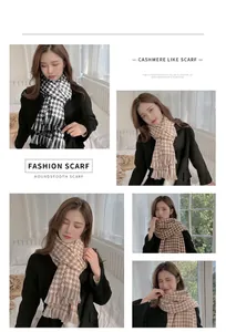 Multiple views of a soft houndstooth cashmere-like scarf in classic black and beige