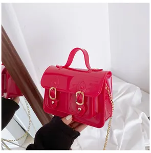 Detailed close-up view of a pink jelly Cambridge bag featuring gold buckles and chain strap.