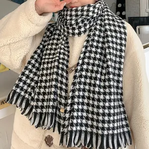 Classic Houndstooth Scarf For Women Winter Thick Warm Polyester Soft Large Plaid Shawl With Tassels Casual Fashion Long Neck Wrap Shawl