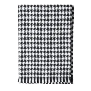 Classic black and white houndstooth scarf with fringe, soft warm winter wrap for women