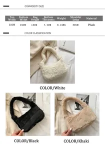 Comprehensive size chart and color variants for plush faux fur underarm shoulder bag