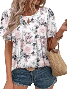 Women Floral Print Short Sleeve T-Shirt Casual Hollow Out Round Neck Ruched Top Polyester Summer Vacation Fashion Tee