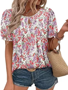 Elegant floral print round neck T-shirt for women with pleated sleeves for summer